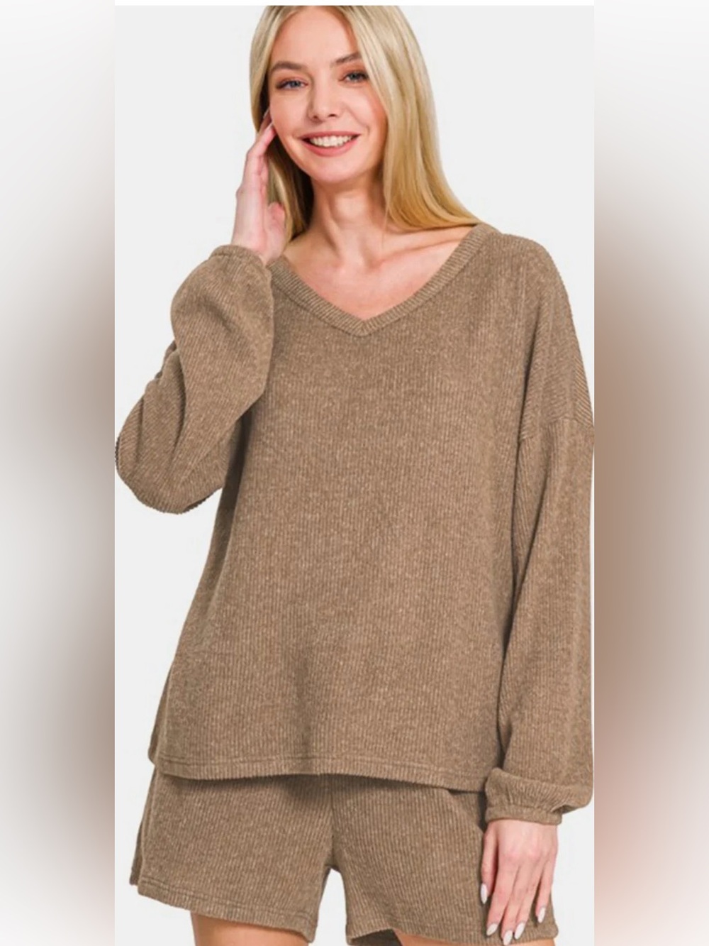 Zenana Cozy V-Neck Knit Sweater Set in Taupe